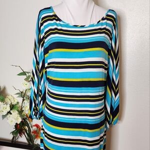 Calvin Klein Striped Dress Shift Open Sleeves Jersey Knit Blues Designer Summer